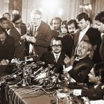 Bangabandhu Sheikh Mujibur Rahman speaks at a crowded press conference at London’s Claridge’s Hotel hours after his arrival in London on January 8, 1972