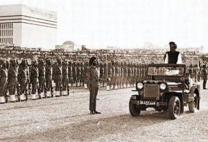 Bangladesh’s Prime Minister Bangabandhu Sheikh Mujibur Rahman observes the exit parade of the Indian Army stationed in Bangladesh, March 12, 1972